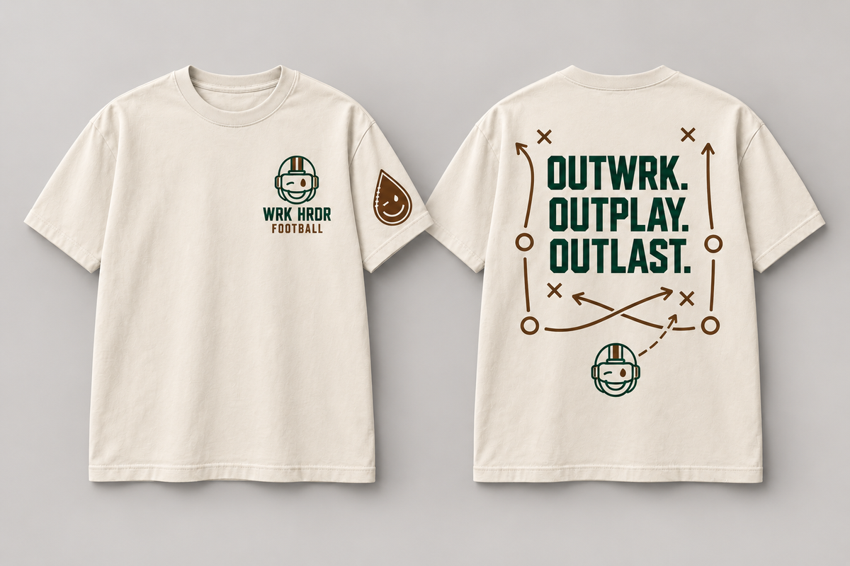 Kids WRK HRDR Football OUTWRK. OUTPLAY. OUTLAST. Tee